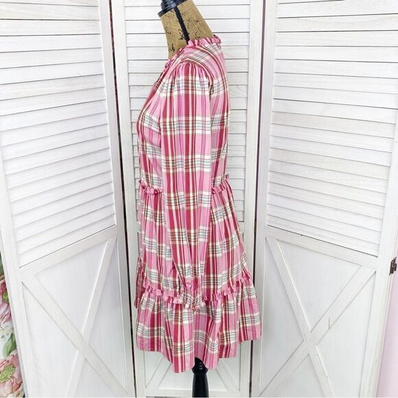 J. Crew Factory Plaid Ruffle Trim Tiered Shift Dress Pink 6 - Picture 2 of 14